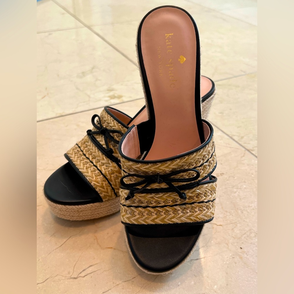 New Kate Spade TINA Wedge Slide Sandal Mule Espadrille Black Natural Tan Sz 7.5